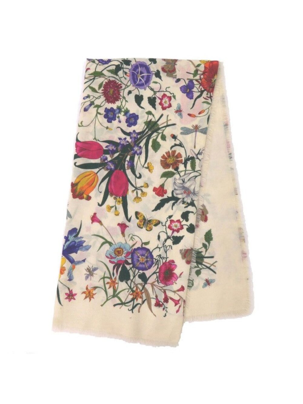 Gucci Flora Floral Shawl Wool Ivory Pink Yellow Green Purple Scarf
